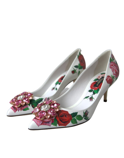 Dolce & Gabbana White Leather Roses Crystal Bellucci Pumps Shoes