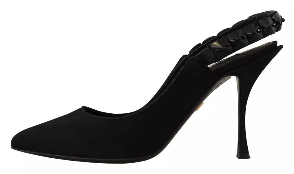 Czarne zdobione buty na obcasie typu slingback z paskiem Charmeuse