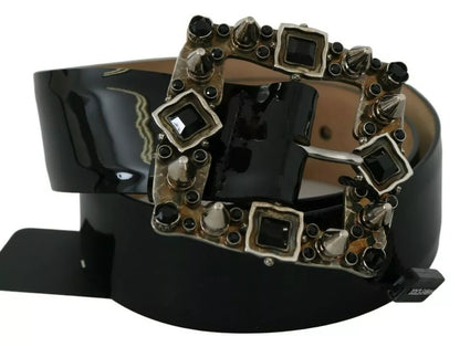 Dolce & Gabbana Black Shiny Leather Crystal Logo Buckle Belt