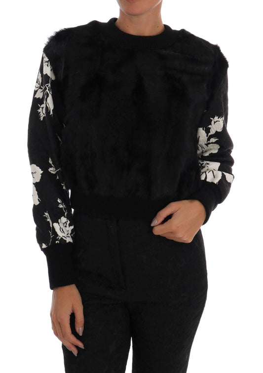 Dolce &amp; Gabbana Floral Brocade Czarny Futrzany Sweter