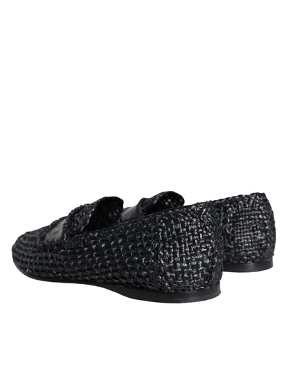 Czarne tkane rafia slip on loafersy męskie buty