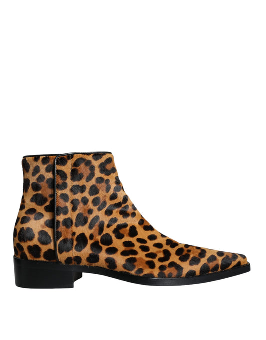 Dolce & Gabbana Brown Leopard Calf Fur Ankle Boots Shoes