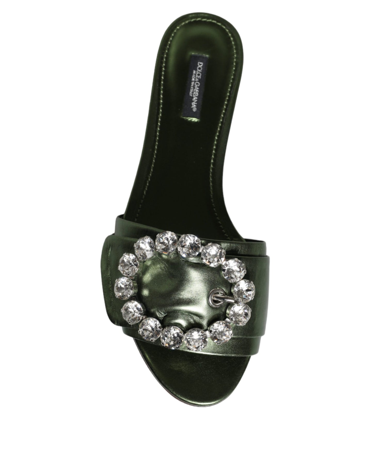 Dolce & Gabbana Metallic Green Crystal Leather Flats Sandals Shoes