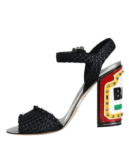 Dolce & Gabbana Black Silver Rafia Light Up Heels Sandals Shoes