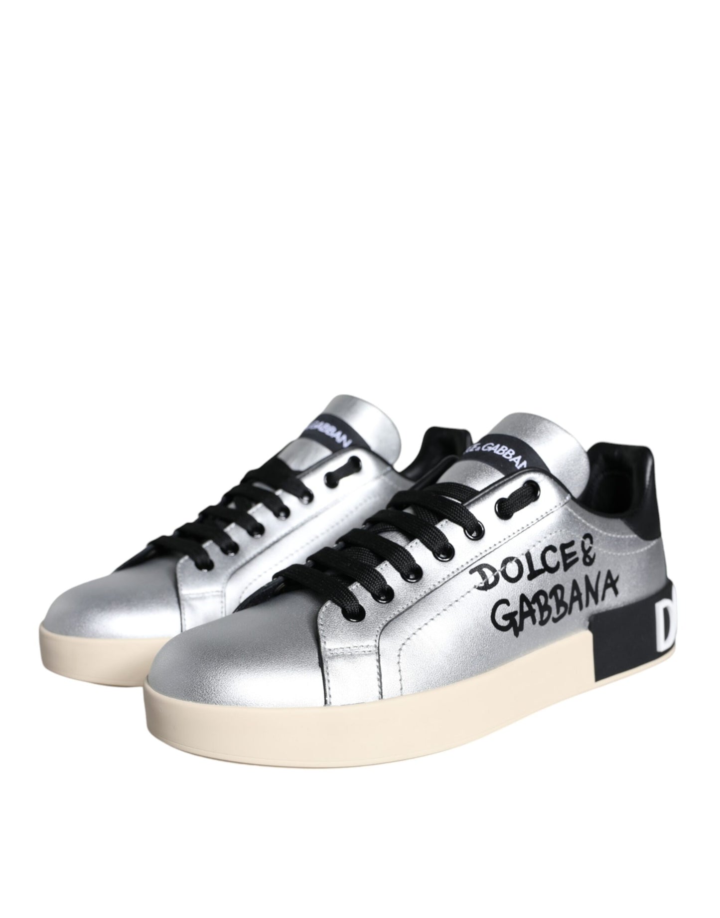 Dolce & Gabbana Silver Portofino Calf Leather Sneakers Shoes