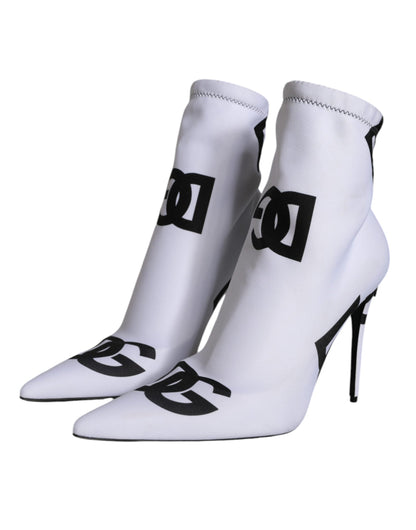 Dolce & Gabbana White Logo Stretch Heels Ankle Boots Shoes