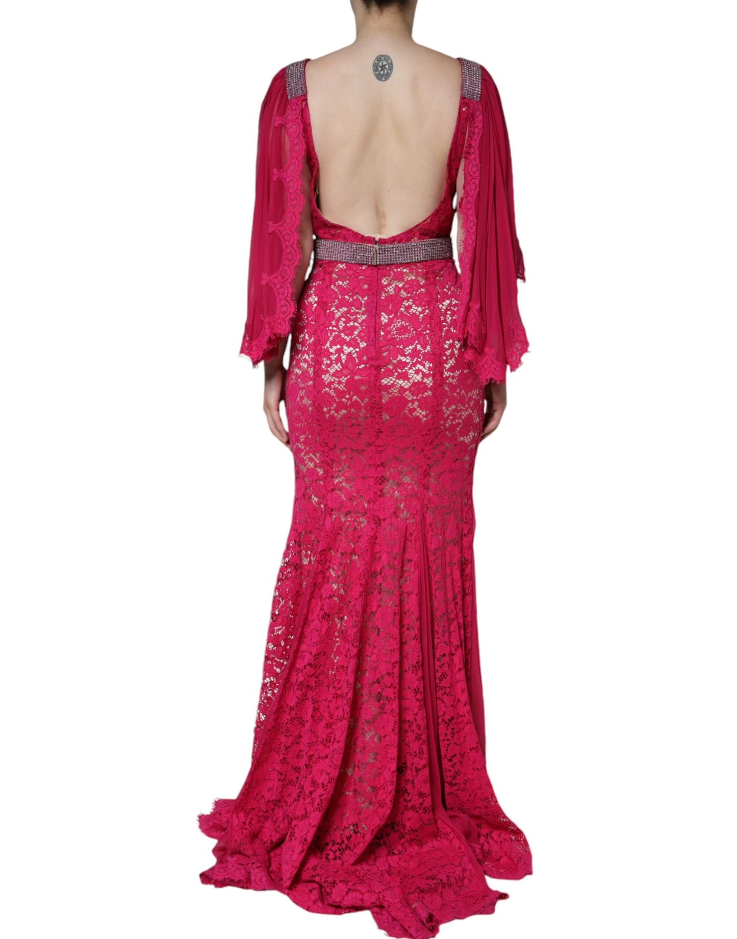 Dolce & Gabbana Pink Lace Crystal Sheath Long Gown Dress