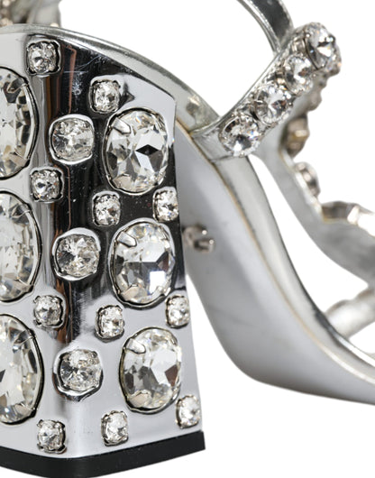 Dolce & Gabbana Silver Leather T-strap Crystal Sandals Shoes