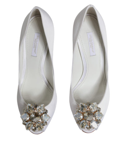 Dolce & Gabbana White Crystals Peep Toe Satin Pumps Shoes