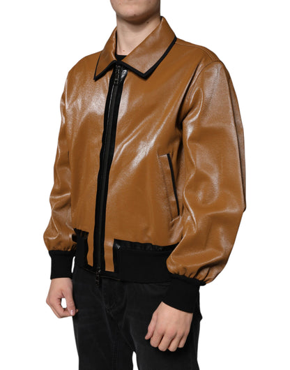 Dolce & Gabbana Brown Leather Full Zip Men Bomber Jacket