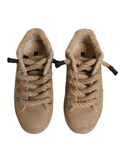 Dolce & Gabbana Brown Jute Fabric Low Top Men Sneakers Shoes