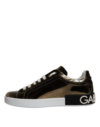 Dolce & Gabbana Gold Leather Logo Portofino Men Sneaker Shoes