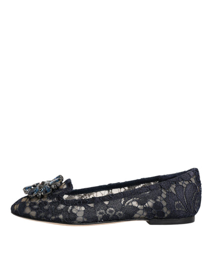 Dolce & Gabbana Blue Taormina Lace Crystals Flats Shoes