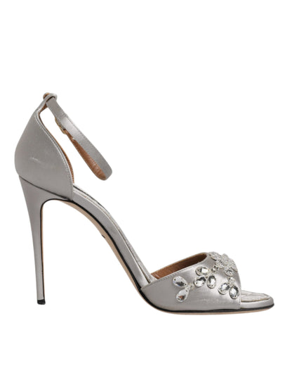 Dolce & Gabbana Silver Ankle Strap Crystal Sandals Shoes