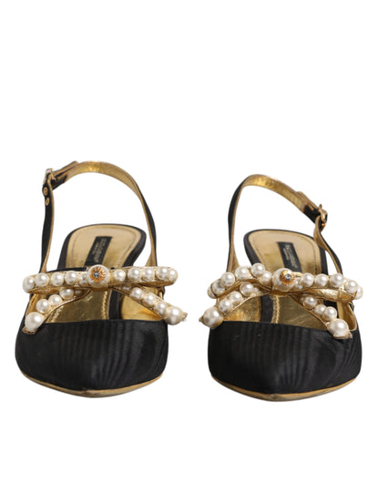 Dolce & Gabbana Black Leather Faux Pearls Slingbacks Shoes