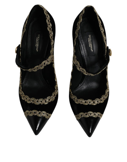 Dolce & Gabbana Black Velvet Gold Mary Janes Pumps Shoes