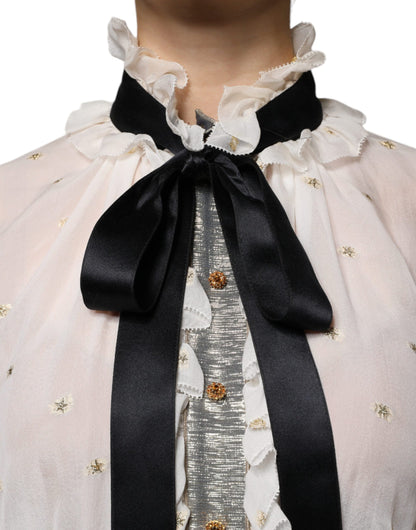 Dolce & Gabbana Off White Silk Blend Ascot Collar Blouse Top