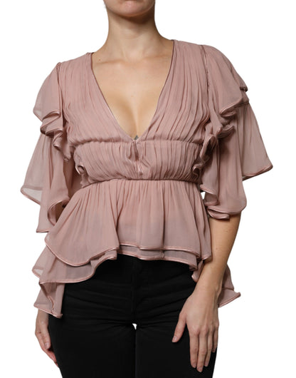 Alberta Ferretti Brown Silk Short Sleeves V-neck Pleated Top