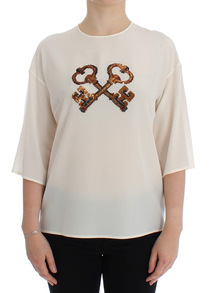 Dolce &amp; Gabbana Ivory Sequined Silk Bluzka Top