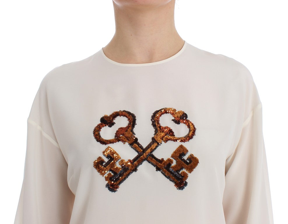 Dolce &amp; Gabbana Ivory Sequined Silk Bluzka Top