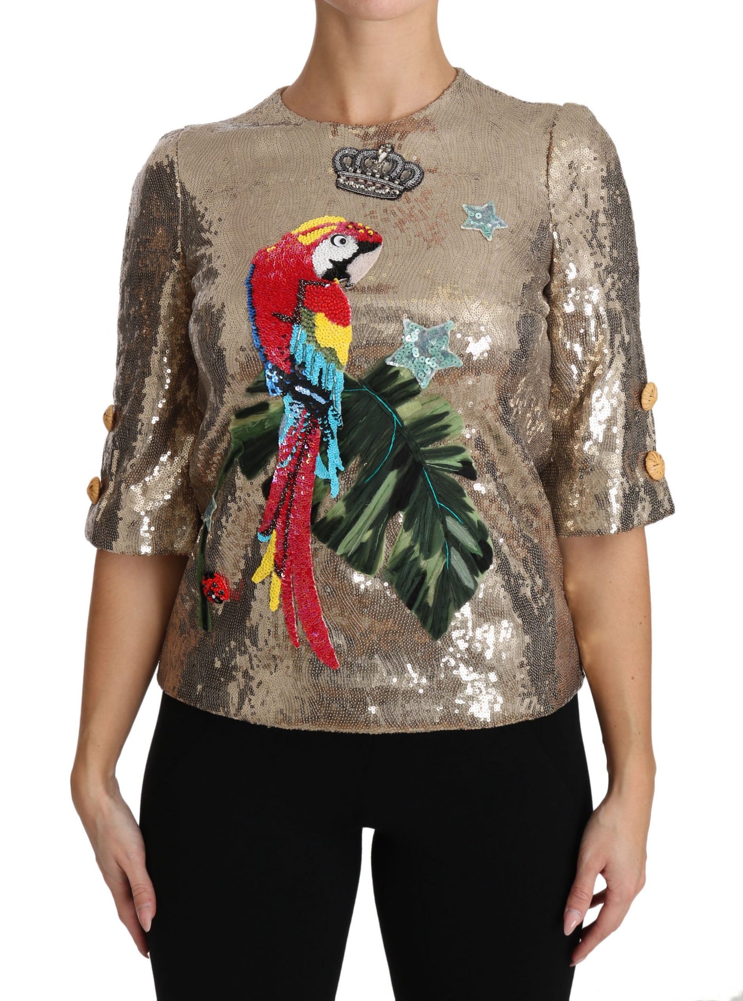 Dolce & Gabbana Gold Parrot Motif Crewneck Blouse with Crystals