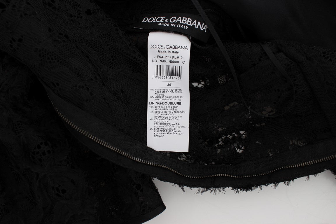 Dolce &amp; Gabbana Elegancka Czarna Koronkowa Sukienka Maxi z Kwiatami